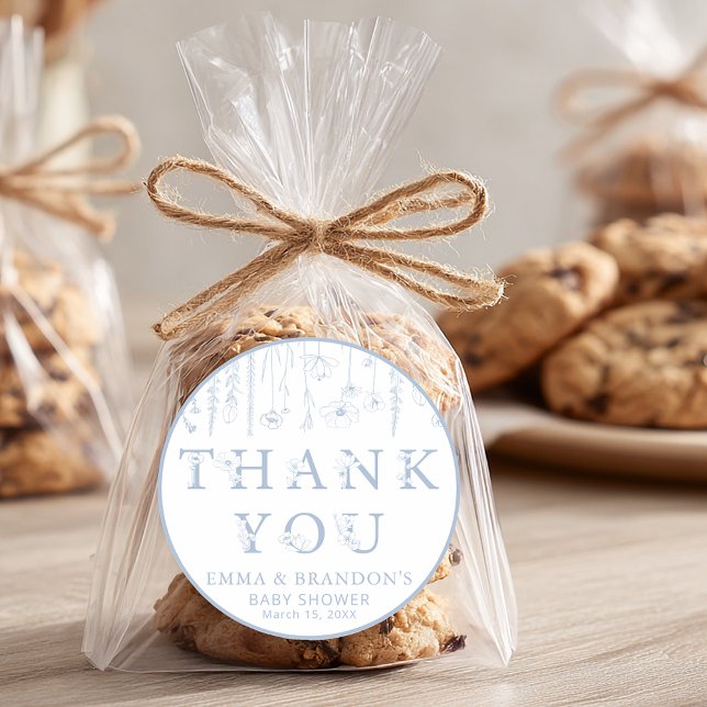 Dusty Blue Wildflower Baby Shower Thank You  Classic Round Sticker (Blue Wildflower Thank You Sticker)