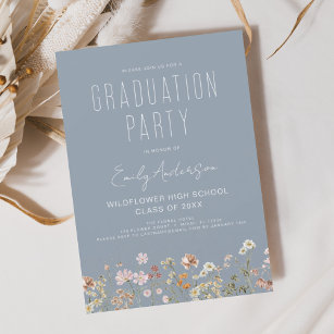 Dusty Blue Wildflower Bloom Graduation Party Boho Invitation