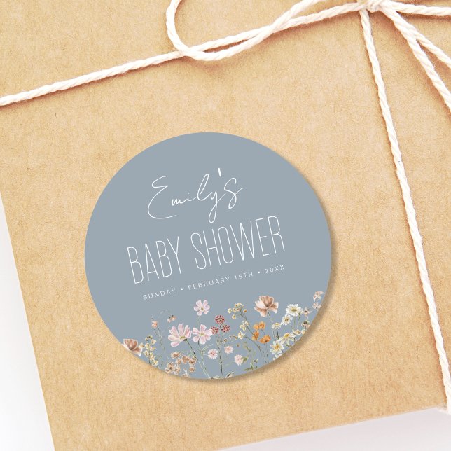 Dusty Blue Wildflower Boho Baby Shower In Bloom Classic Round Sticker (Creator Uploaded)