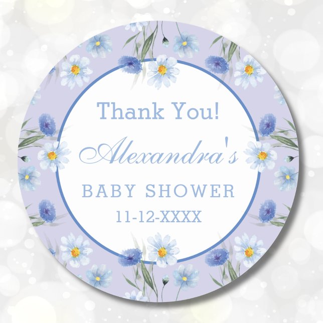 Dusty Blue Wildflower Boho Baby Shower Thank You Classic Round Sticker (Creator Uploaded)