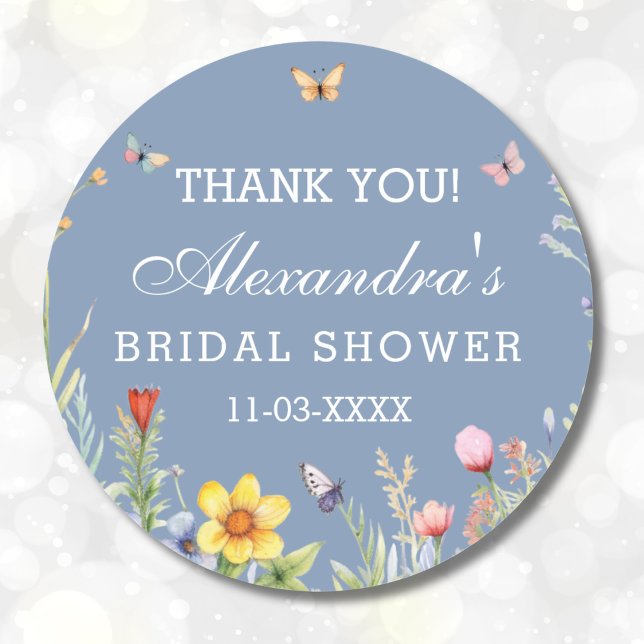 Dusty Blue Wildflower Boho Bridal Shower Thank You Classic Round Sticker (Creator Uploaded)