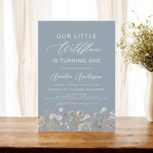 Dusty Blue Wildflower Boho First 1st Birthday  Invitation