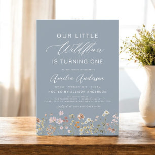 Dusty Blue Wildflower Boho First 1st Birthday  Invitation