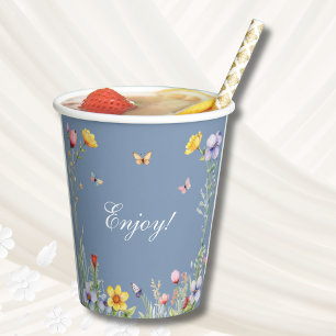 Dusty Blue Wildflower Boho Floral Bridal Shower Paper Cups