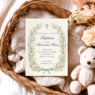 Dusty Blue Wildflower Bow Baptism Invitation