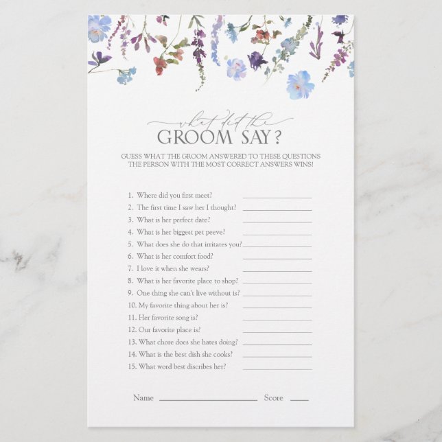 Dusty Blue Wildflower Bridal Shower Game (Front)