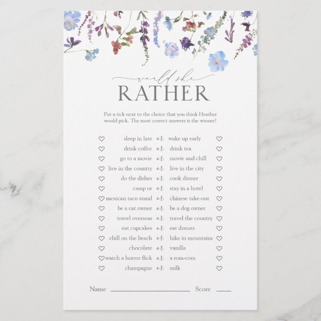 Dusty Blue Wildflower Bridal Shower Game (Front)
