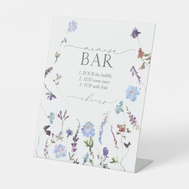 Dusty Blue Wildflower Bridal Shower Mimosa Bar Pedestal Sign (Front)