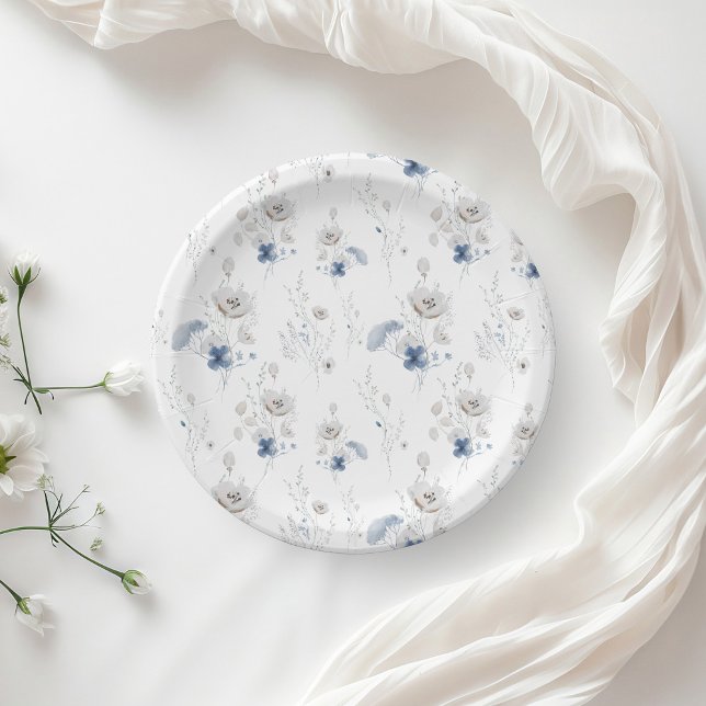 Dusty Blue Wildflower Bridal Shower Paper Plate (Creator Uploaded)