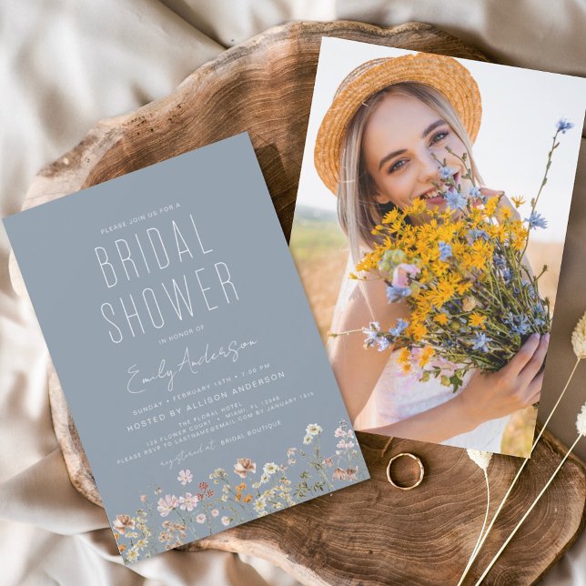 Dusty Blue Wildflower Bridal Shower Photo Invitation (Creator Uploaded)