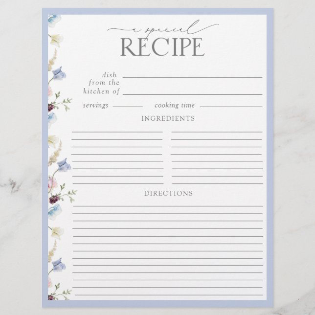 Dusty Blue Wildflower Bridal Shower Recipe Page (Front)