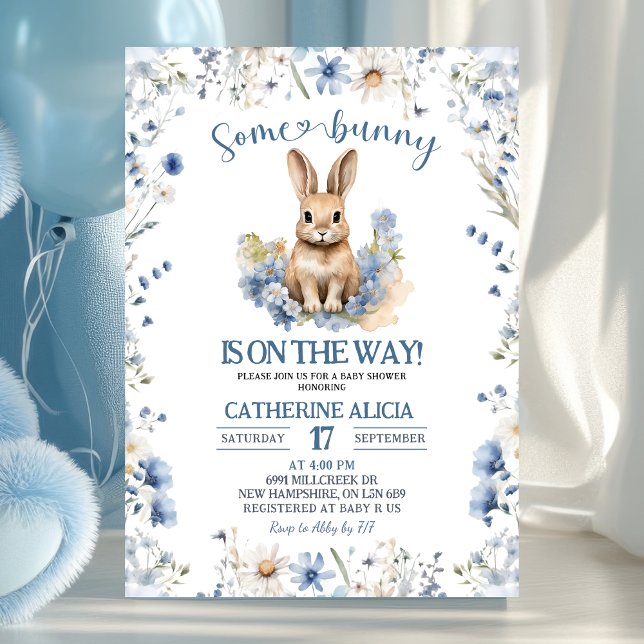 Dusty Blue Wildflower Bunny baby shower Invitation (Creator Uploaded)