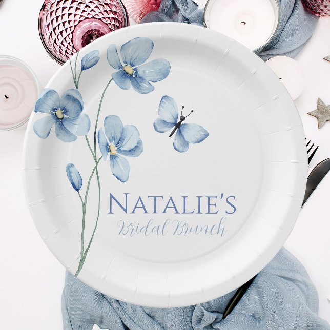 Dusty Blue Wildflower Butterfly Bridal Shower Paper Plate (Creator Uploaded)