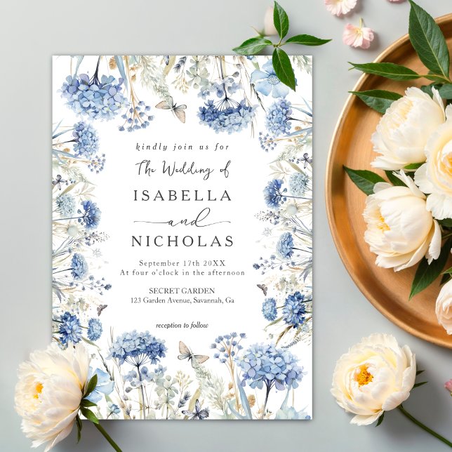 Dusty Blue Wildflower Elegant Boho Wedding  Invitation (Creator Uploaded)