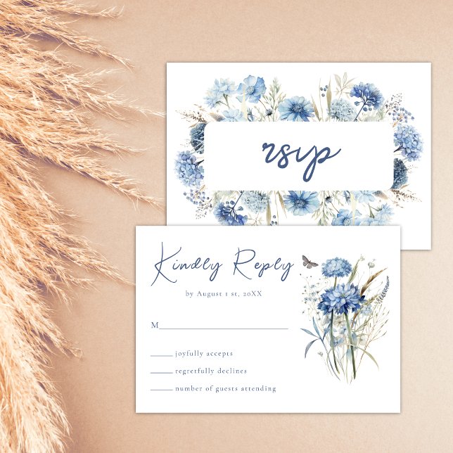 Dusty Blue Wildflower Elegant Boho Wedding RSVP Card (Creator Uploaded)