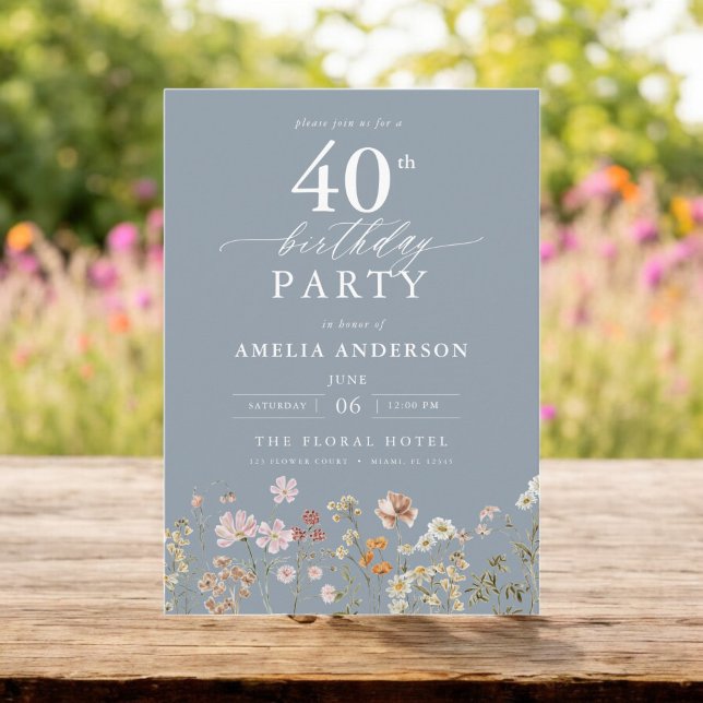 Dusty Blue Wildflower Floral 40th Birthday Invitation (Creator Uploaded)