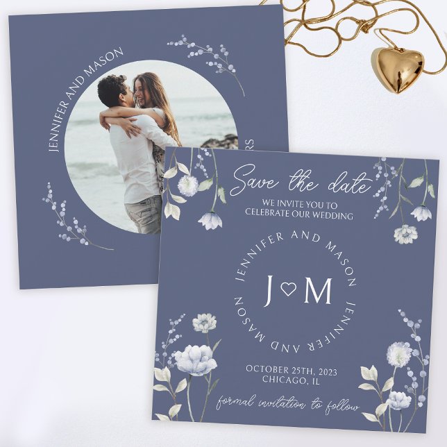 Dusty blue wildflower floral Save the date photo Invitation (Creator Uploaded)