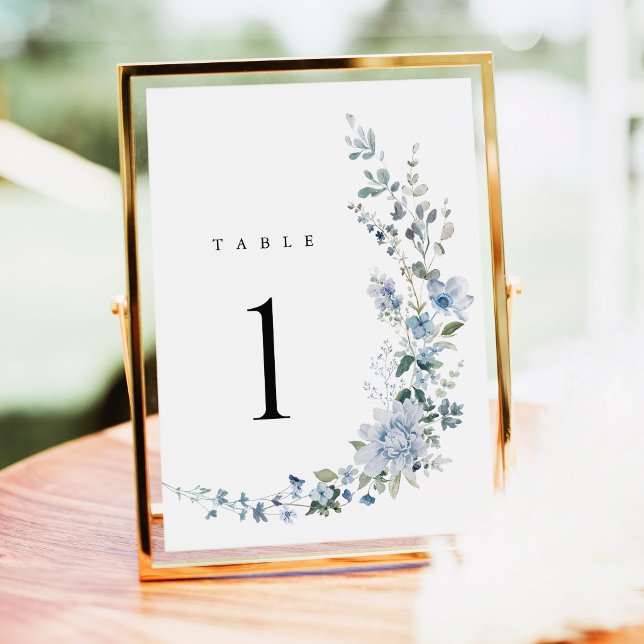 Dusty Blue Wildflower Floral Wedding Table Numbers (Dusty Blue Wildflower Wedding Table Numbers, Blue Floral Reception Table Sign in Gold Frame Decor)