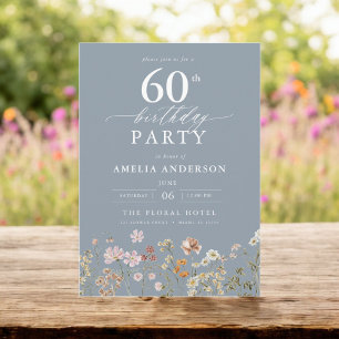 Dusty Blue Wildflower Garden Floral 60th Birthday Invitation