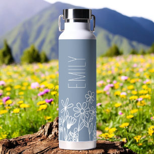Dusty Blue Wildflower Garden Monogram Name Water Bottle