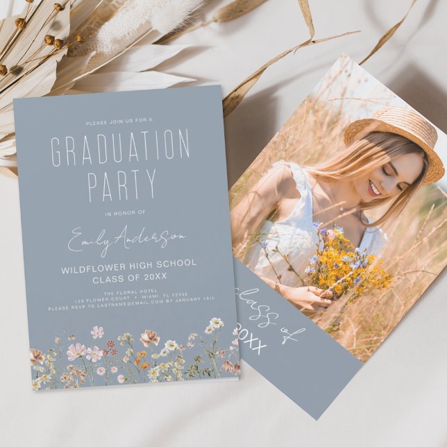 Dusty Blue Wildflower Graduation Party Invitation (Creator Uploaded)