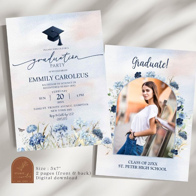 Dusty Blue Wildflower Graduation With Photo Invitation (Creator Uploaded)