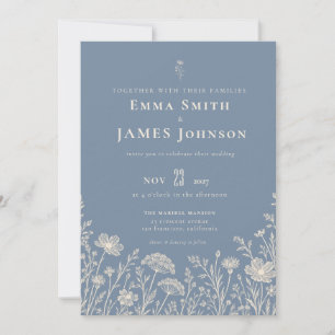 Dusty Blue Wildflower Line Art Wedding Invitation