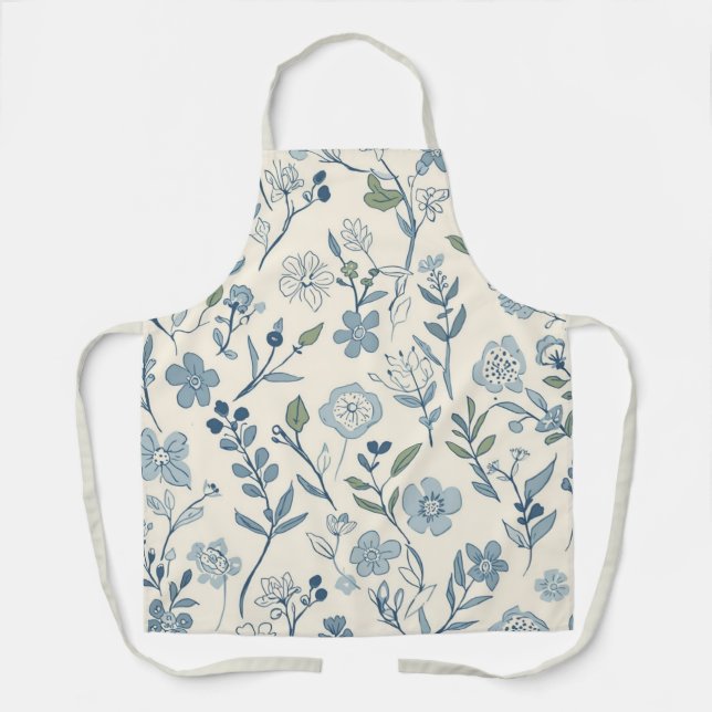 Dusty Blue Wildflower Meadow Botanical Pattern Apron (Front)