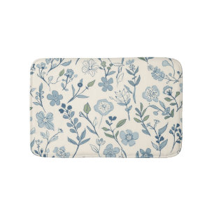Dusty Blue Wildflower Meadow Botanical Pattern Bath Mat