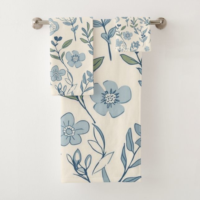 Dusty Blue Wildflower Meadow Botanical Pattern Bath Towel Set (Insitu)