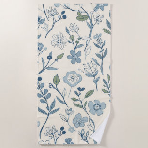 Dusty Blue Wildflower Meadow Botanical Pattern Beach Towel