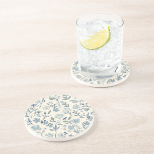 Dusty Blue Wildflower Meadow Botanical Pattern Coaster