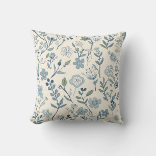 Dusty Blue Wildflower Meadow Botanical Pattern Cushion