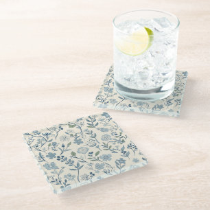 Dusty Blue Wildflower Meadow Botanical Pattern Glass Coaster