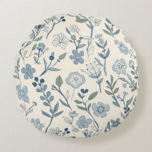 Dusty Blue Wildflower Meadow Botanical Pattern Round Cushion