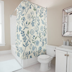 Dusty Blue Wildflower Meadow Botanical Pattern Shower Curtain