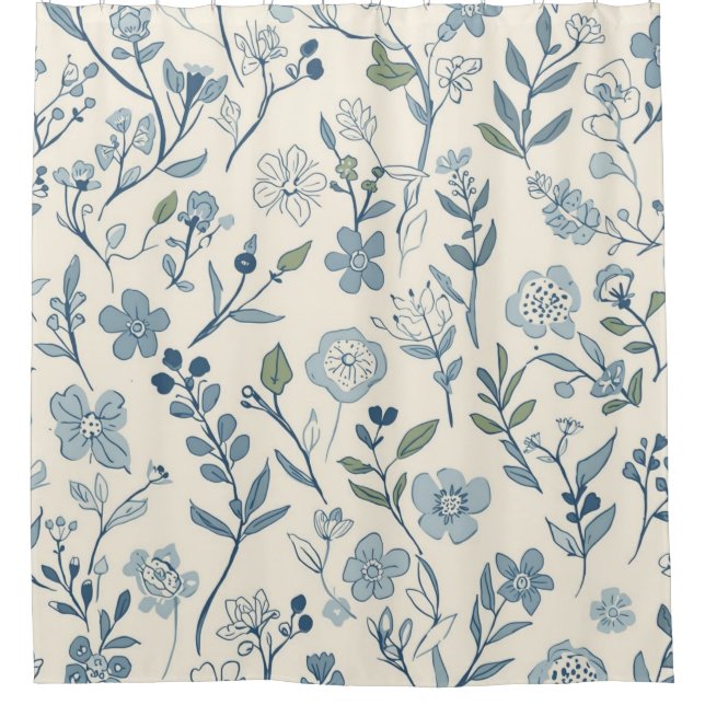 Dusty Blue Wildflower Meadow Botanical Pattern Shower Curtain (Front)