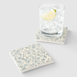 Dusty Blue Wildflower Meadow Botanical Pattern Stone Coaster