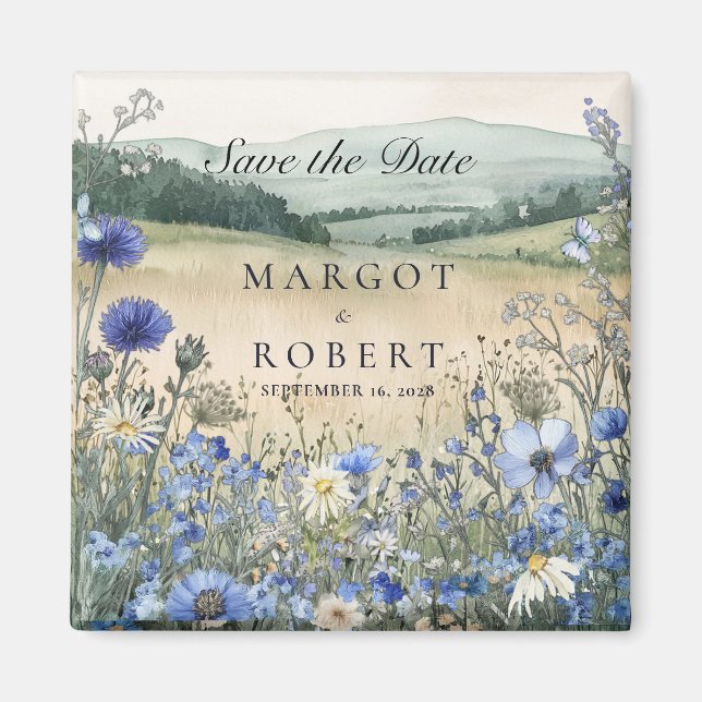 Dusty Blue Wildflower Meadow Save The Date Magnet (Front)