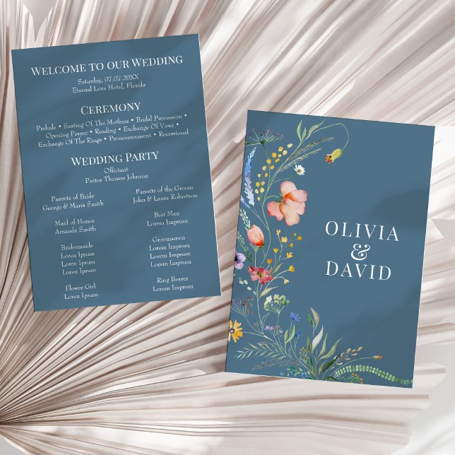 Dusty Blue Wildflower Meadow Wedding Program Invitation (Dusty Blue Wildflower Meadow Wedding Program on a sunny neutral dry palm leaf.)