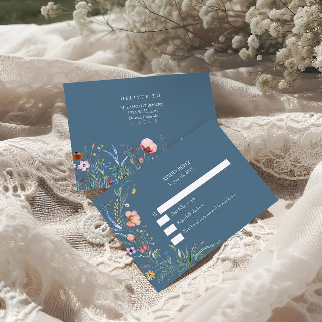 Dusty Blue Wildflower Meadow Wedding RSVP Card (Dusty Blue Wildflower Meadow Wedding RSVP Card on a boho wihte wedding table.)