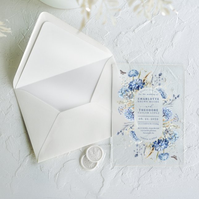 Dusty Blue Wildflower Modern Elegant Wedding Acrylic Invitations (Creator Uploaded)