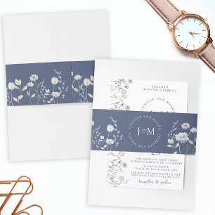 Dusty blue wildflower monogram wedding invitation belly band