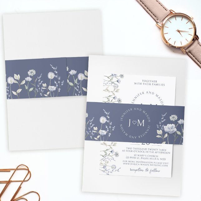Dusty blue wildflower monogram wedding invitation belly band (Creator Uploaded)