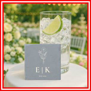 Dusty Blue Wildflower Monogram Wedding Stone Coaster