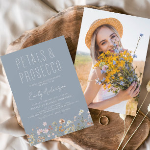 Dusty Blue Wildflower Petals & Prosecco Photo Invitation