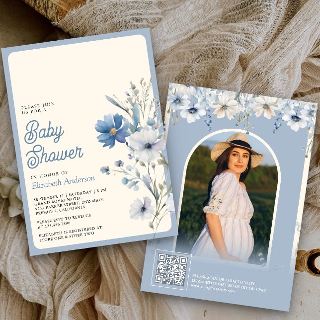 Dusty Blue Wildflower Photo QR Code Baby Shower Invitation (Creator Uploaded)
