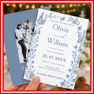 Dusty Blue Wildflower Photo Wedding Invitation
