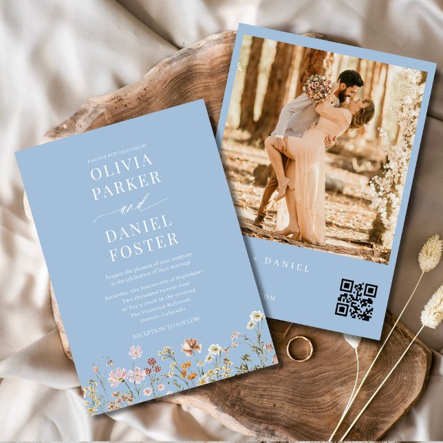 Dusty Blue Wildflower QR Code Photo Boho Wedding  Invitation (Creator Uploaded)