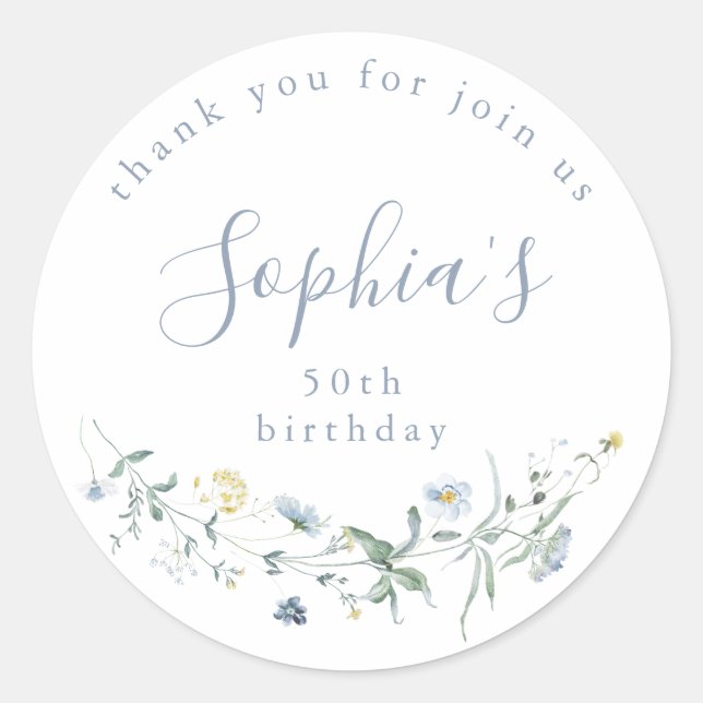 Dusty Blue Wildflower Rustic Boho Birthday Favours Classic Round Sticker (Front)